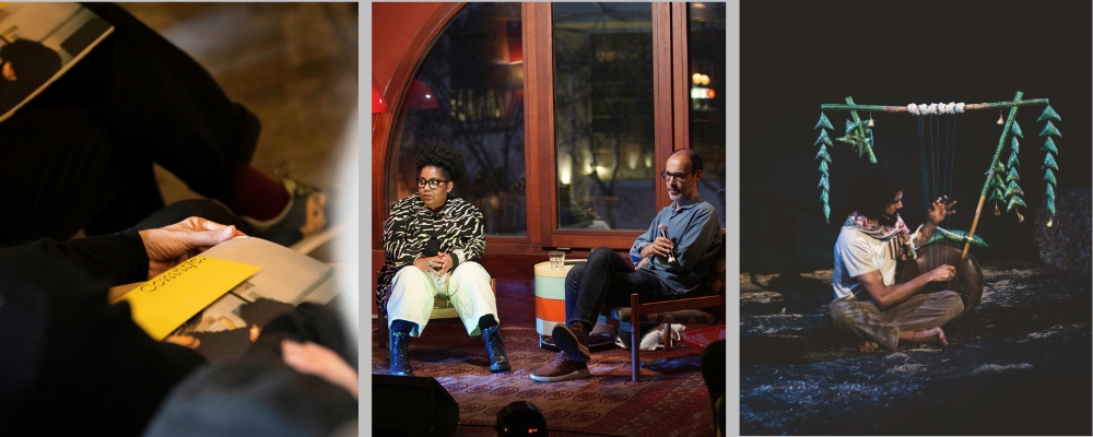 Imatges de Convit/e en acció: la revista com a objecte de mediació, un espai de conversa compartida i una pràctica artística en viu. Tres escenes que mostren el projecte com un dispositiu cultural on el pensament, el diàleg i l’experiència col·lectiva es troben, connectant diferents llenguatges i formes de participació per generar comprensió i transformació social.